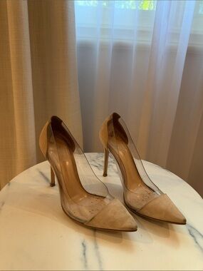 Gianvito Rossi Beige Suede & Clear Pointed Toe Pumps